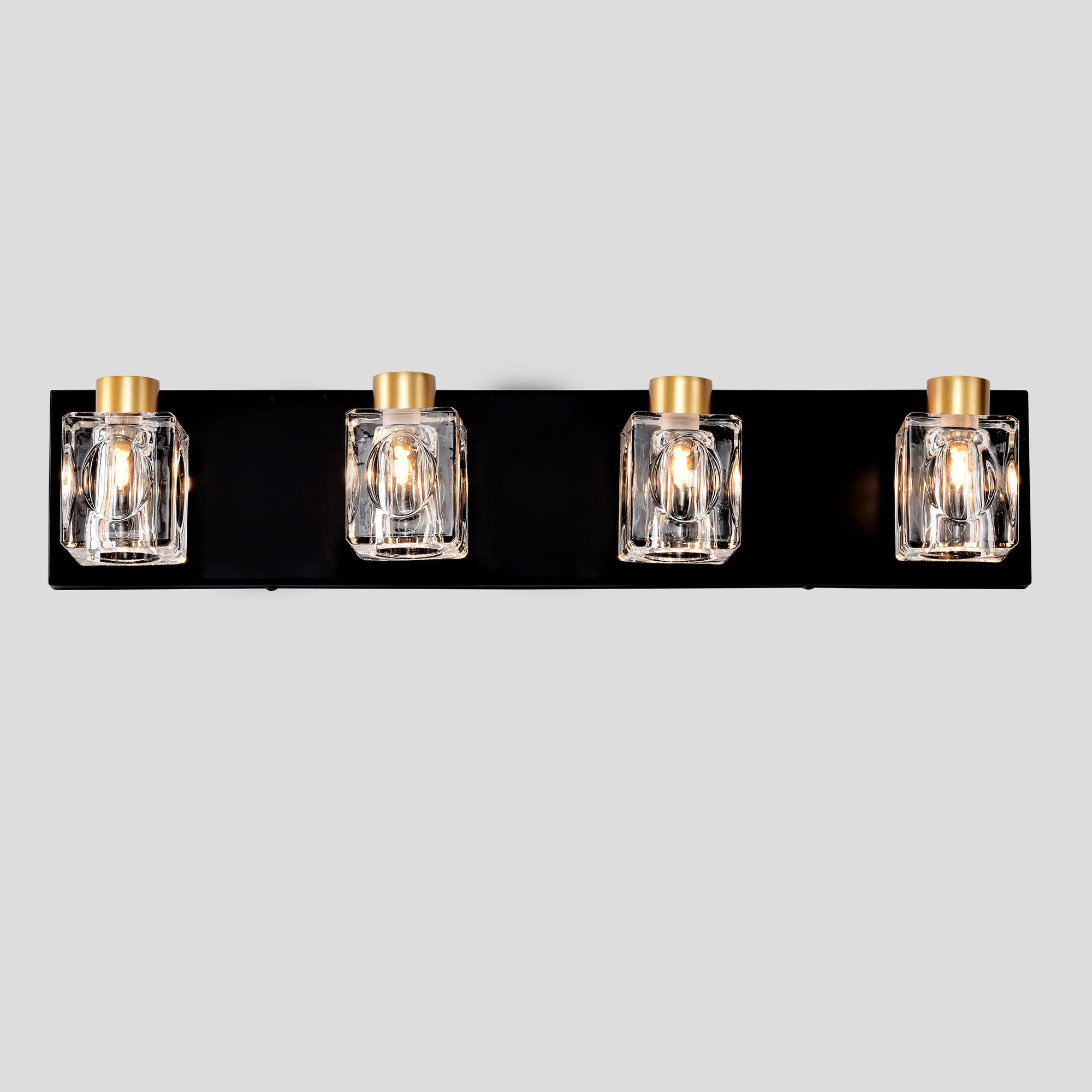4-Light Matte Black & Gold Vanity Light with Crystal Glass Shades – Modern Bathroom Wall Fixture